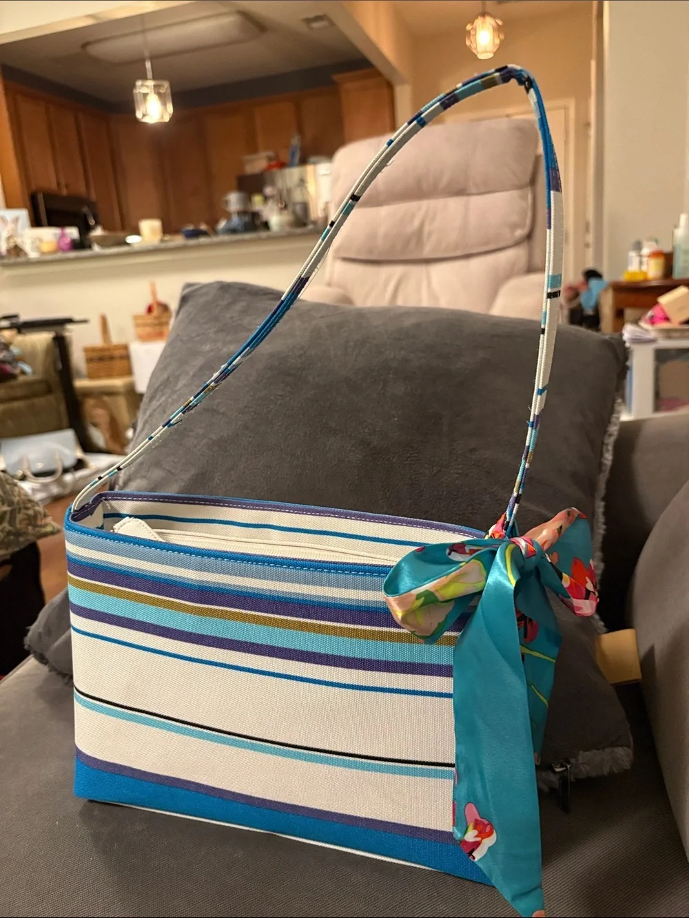 Blue and White Striped Shoulder Bag with Floral Scarf Accent